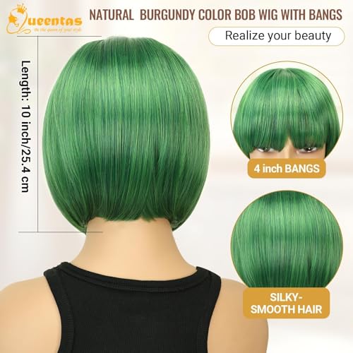 Image of QUEENTAS 10 Inch Short Straight Green Bob Wig for Women with Bangs Glueless Synthetic Hair Natural Looking for St Patrick's Day Halloween Cosplay