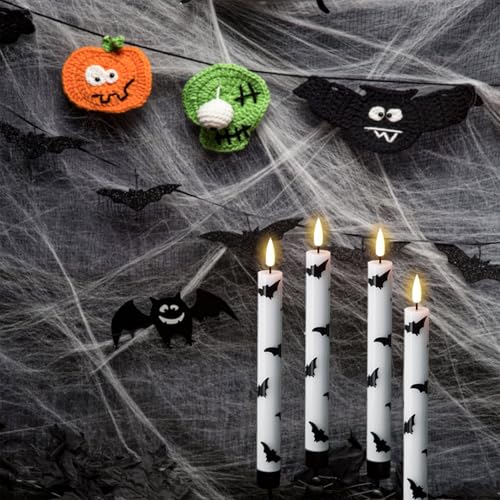 Image of GenSwin Halloween Flameless Taper Candles, 4 Pack LED Taper Candles Battery Operated with Remote Timer, Real Wax White Flickering Flameless Candlesticks with Bat Prints for Spooky Decor(0.75 inch x 9.65 inch)
