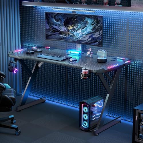 Image of HLDIRECT 47 Inch Gaming Desk with LED Lights, Ergonomic Computer Gaming Table with Carbon Fibre Surface, Sturdy PC Workstation Desk for Home Office with Headphone Hook, Cup Holder, Black