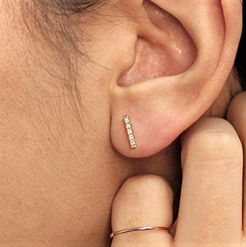 14K Solid Gold Cubic Zirconia Pave CZ Dainty Mini Bar Studs, Small Linear Bar Fine Jewelry Women's Stud Earrings2