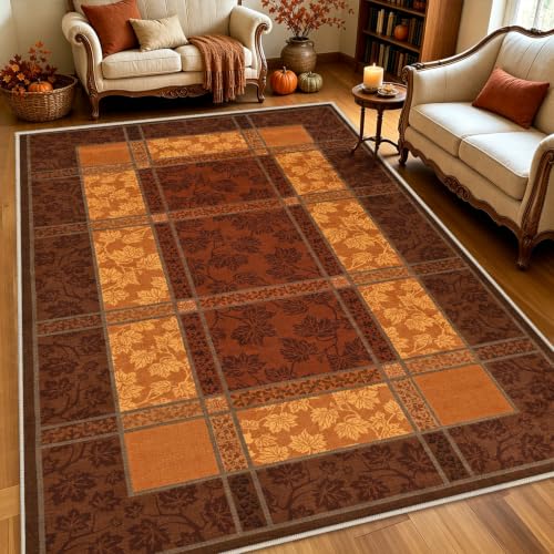 AtawLege Fall Area Rug 4x6 for Living Room, Plaid Washable Rugs Orange