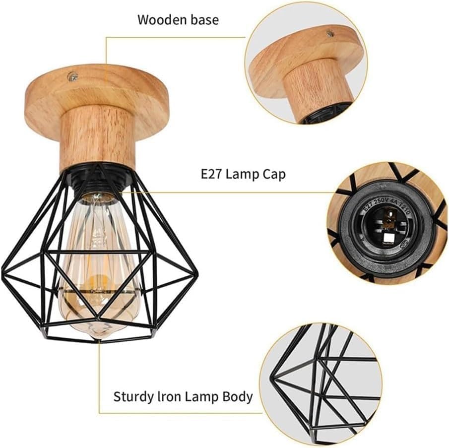 American Style Modern Ceiling Light, E27 Industrial Farmhouse Ceiling Lamp, Wood Base Black Metal Geometric Cage Flush Mount Light Fixture, for Hallway Entryway Bedroom Kitchen