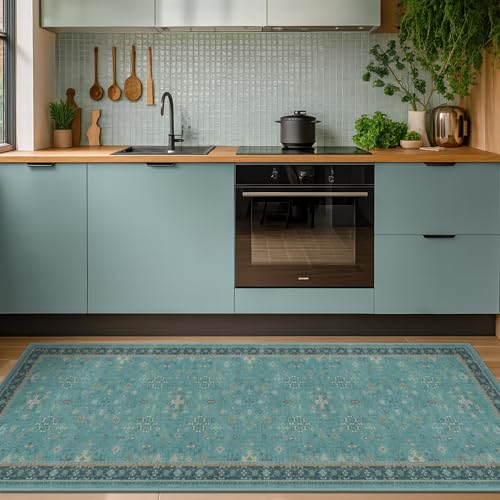 Teal Boho 2x5 Non Slip Small Kitchen Rug Runner - Washable Low Pile & Soft Carpet for Bathroom, Bedroom Beside Bed, Non Skid Floral Vintage Rugs for Laundry Room, Entryway