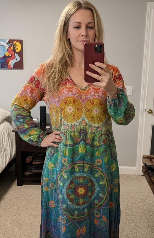 Womens Boho Floral Long Sleeve Maxi Dresses Vintage Casual Cotton Linen Oversized Flowy Tunic Dress - Image 6