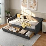 FAVSH Twin Size Upholstered Daybed with Two Storage Drawers,Tufted Sofa Bed w/Button on Back and Piping on Waved Shape Arms for Bedroom Guest Room, No Box Spring Needed,Dark Grey