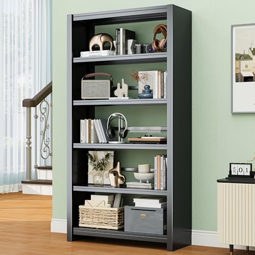 Image of 5 Tier AV Media Stand, 69.3 inch Tall Media Shelf Bookcase, Open Display Storage Shelves for CD Record Player, Stereo Receiver, AV Equipment, Black
