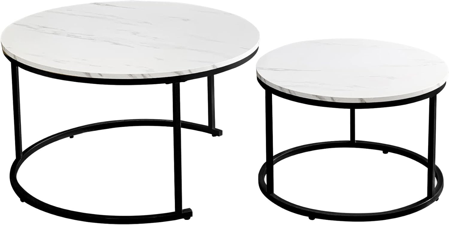 AT-VALY Nesting Table Set of 2,Round Coffee Table,End Side Table with Sturdy Metal Frame for Living Room 31.5" (Black&White)