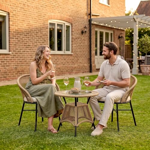 Image of OUTLIVING Init Outdoor Patio Furniture Set | 2 Seater Wicker Chairs with Cushioned Seats & Round Coffee Table | Garden, Balcony, Terrace & Lawn Seating Set - Beige