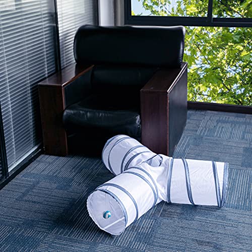 Image of Cat Tunnel, Collapsible Tube with 1 Play Ball Toys, 3 Ways Tunnels for Indoor Cats, Puppy, Kitty, Kitten, Rabbit (White and Gray)