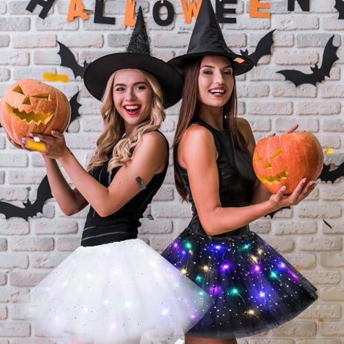URAQT Tüllrock Damen LED Tütü Erwachsene, Tutu Rock LED, Minirock Mit LED Lichter für Fasching Karneval Motto Party Ballett Tanzen Fancy Dress Halloween Kostüm, 40CM(Weiß)