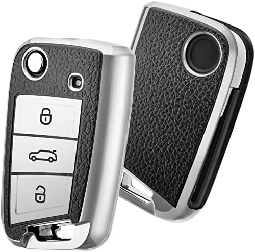 JVCV® Premium Soft TPU Leather Pattern Key Cover Compatible with Skoda Kylaq Slavia Kushaq Taigun Tiguan Virtus Octavia Kodiaq Superb Folding Key (Silver)