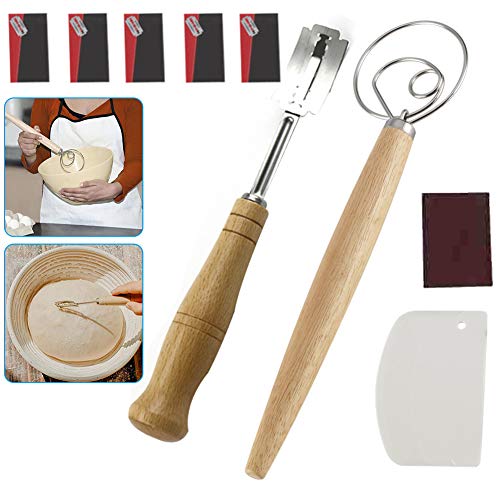 Bread Lame and Danish Dough Whisk Set, Premium Stainless Steel Bread Scoring Knife Tool with 5 Replaceable Blades and Leather Protective Cover, for DIY Bread Dough Bakeware Kitchen