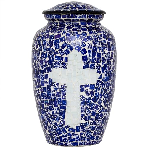 Liliane Memorials Mosaik-Glasurne – handgefertigte Beerdigungsurne für menschliche Asche – große Erwachsenengröße – 200 cu in (blau-weißes Kreuz)