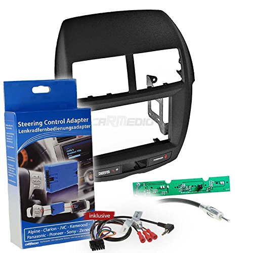 Carmedio Mitsubishi ASX 10-14 2-DIN Autoradio Einbauset mit Lenkradfernbedienungsadapter für Alpine Clarion Kenwood Pioneer Sony Zenec mit Anschlusskabel Antennenadapter Radioblende schwarz