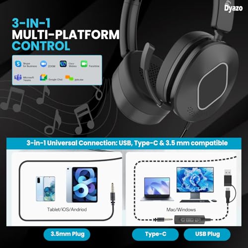 Image of Dyazo Wired Headset with Microphone | Active & Environmental Noise Cancellation | 3-in-1 USB, Type-C & 3.5mm Connectivity | in-Line Controls | On-Ear Headphones for PC, Mobile Phone & Laptop (Black)