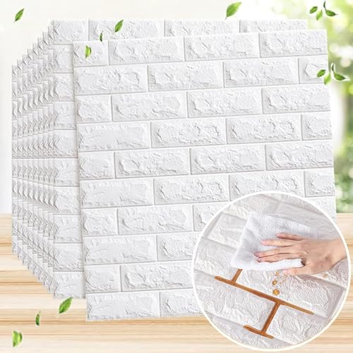 Image of 20 Pack White Self-Adhesive Waterproof PE Foam 3D Wall Panels 4mm Thickness Wallpaper Sticker for Bathroom, Living Room, and Home Decoration, 70 x 77cm, Appx. 5.8 Sq Feet.