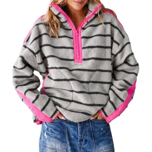moolBeko Striped Quarter Zip Fleece Pullover Women Mock Neck Sherpa Jacket - image 1