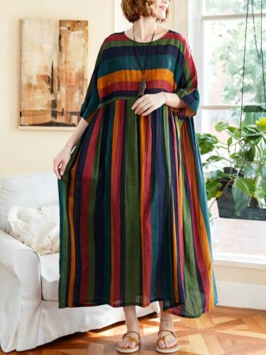 Image of Oversized Dress for Women Summer Midi Dresses Colorful Striped | Lightweight & Breathable Viscose Fabric for Summer. Loose Fit Casual Dresses for House & Vacation. Boho Style with Pockets
