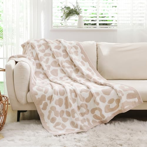 REPRECONF Ultra Soft Cozy Leopard Fluffy Microfiber Knitted Throw Blanket Lightweight Blanket for Sofa Couch Bed Travel Cream 50"X60"¡­