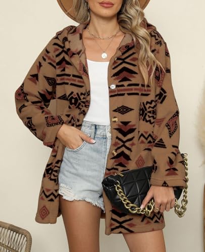 ZAFUL Women's Long Sleeve Zip Up Coat Faux Fur Ethnic Aztec Print Fall Jacket with Pocket Teddy Cropped Oversized Outwear2