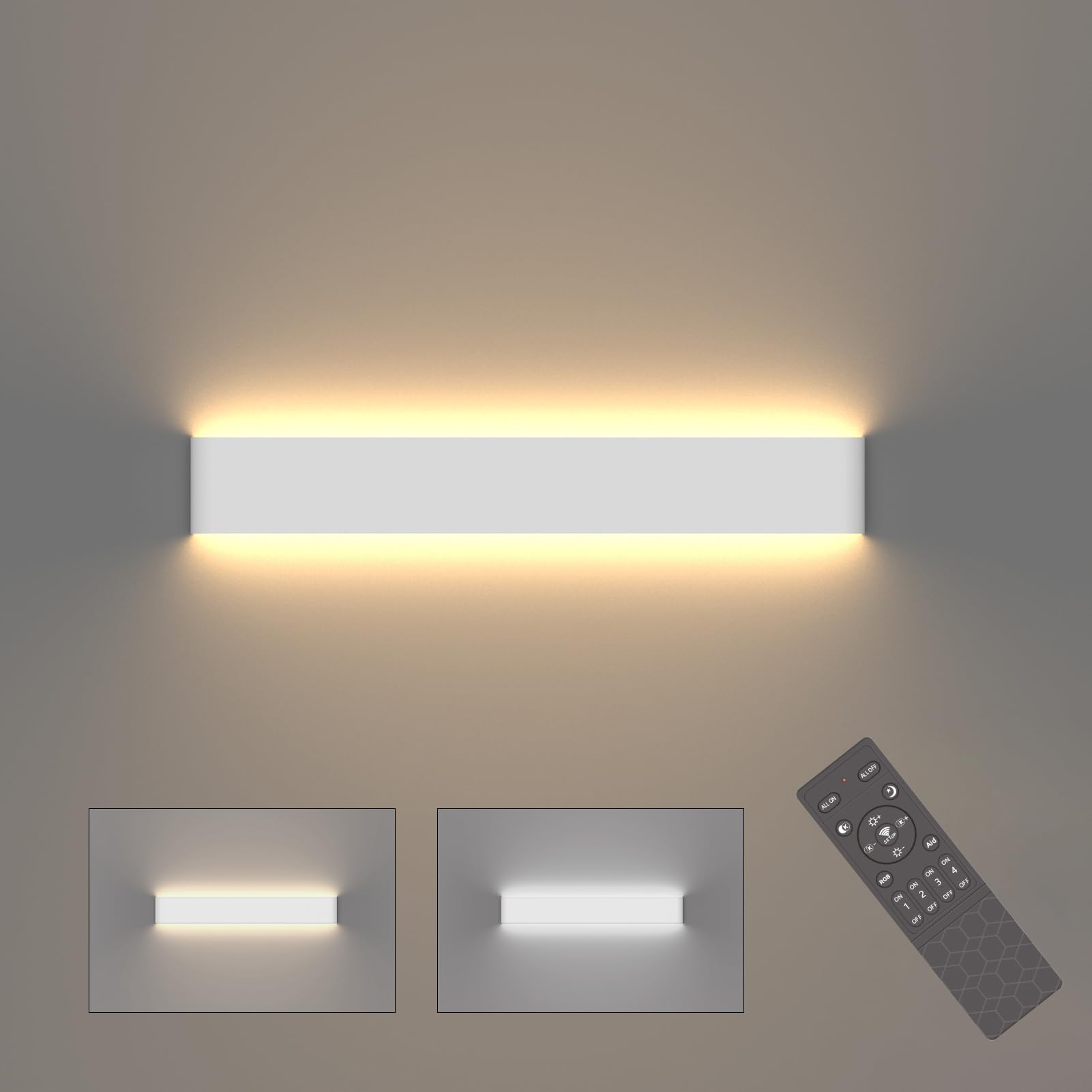 Klighten Aplique Pared Led Interior Regulable con Mando a Distancia, Lámpara de pared Decorativo Mordern, Para Salon, Dormitorio, Baño, 800-2000 Lumen, 3000K-6000K, Blanco, 61cm
