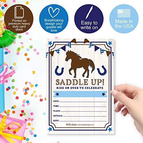 Image of Hadley Designs Kids Birthday Invitations For Boys Horse Theme - 25 Horse Birthday Party Invitations For Boys, Saddle Up Invites For Boy, Cute Pony Party Supplies, Made In USA