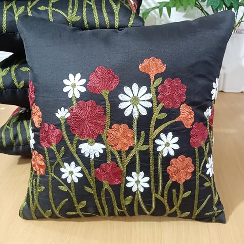 Image of LOFEY Satin Cushion Covers Set of 5 | 16 inch x 16 inch (40x40 cm) MultiFloral Decorative Sofa & Bed Pillow Covers for Living Room & Bedroom Decor (Without Filler) (Black)