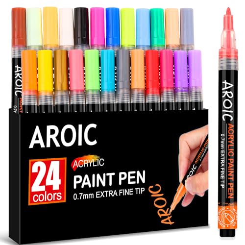 AROIC 24 Pack Acrylic Paint Pens, Rock Painting Fine Point Acrylic Paint Markers for Wood, Metal, Plastic, Glass, Canvas, Ceramic, Craft Markers, Halloween Pumpkin Painting