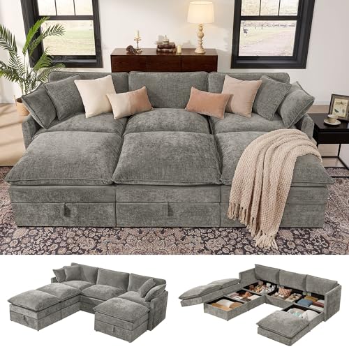 Image of Ihanherry Oversized Sectional Sofa Bed with Storage, 103 inch 6-Seater Modular Cloud Couch with Movable Ottomans, Chenille Deep Seat Sleeper Couches for Living Room (Grey)