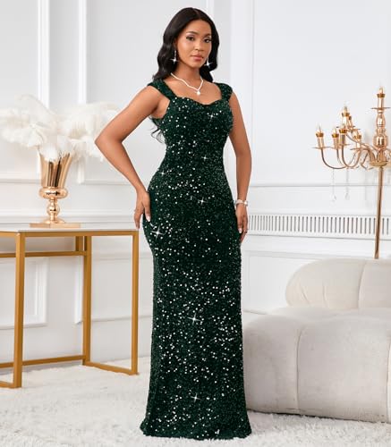 Image of dasmzper Women's Sequin Evening Gown - Elegant Sleeveless V Neck Mermaid Formal Maxi Dress for Wedding, Prom or Party