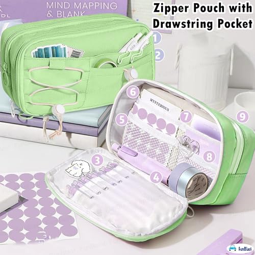 Image of FunBlast Pencil Pouch for Girls - Aesthetic Multi-Compartment Zipper Pouch with Drawstring Pocket, Cute Kawaii Pencil Case, Stylish Stationery Pouch, Return Gift for Kids & School Use (Green)