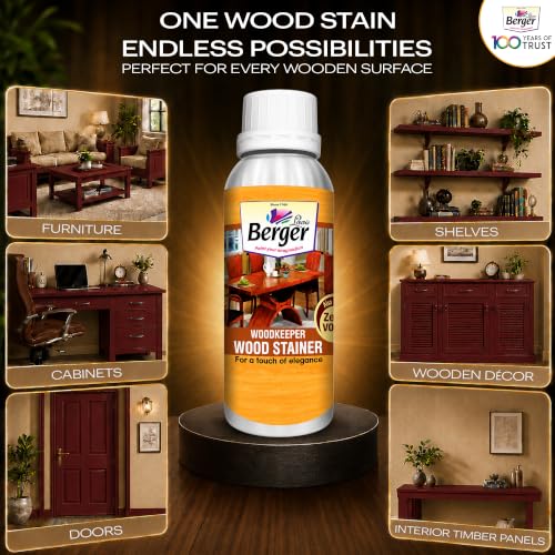 Image of Berger Wood Keeper Rose Wood Wood Stain with Leakproof Bottle & Easy Cloth Application Transparent Solvent-Based Stainer for Home Office Furniture Surfaces Shine and Finish (Pack of 1, 100ML)