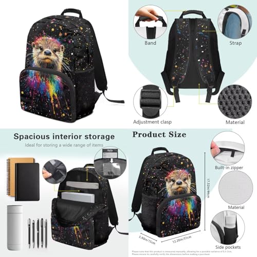 Suobstales Otter Paint Splatter Print 4 Pcs Backpack Student Schoolbag Set with Lunch Bag/Pencil Bag/Water Bottle Carrier Bag, Elementary School Backpack for Teens Girls3