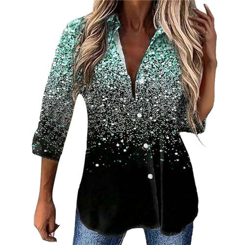 CreoQIJI Blusa de satén para mujer, elegante camiseta de manga larga para mujer, con purpurina fina e impresión en tallas grandes, blusa larga para mujer para leggings, verde menta, 7XL