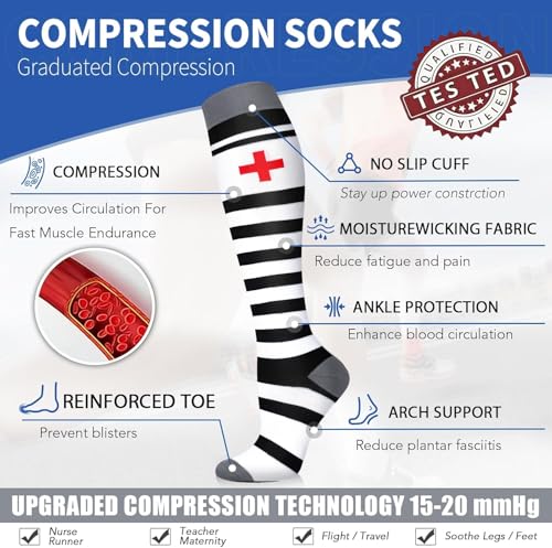 Image of FuelMeFoot 6 Pairs Compression Socks for Women & Men 15-20mmHg Graduated Support Knee High Socks for Nurses, Travel, Athletic
