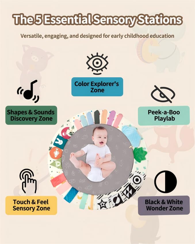 Baby Play Gym Mat with Tummy Time Activity for Newborn Girls and Boys, Non-Slip Floor Mat Includes 6 Detachable Toys for Sensory Development, Machine Washable, Essential Gift (Grey)