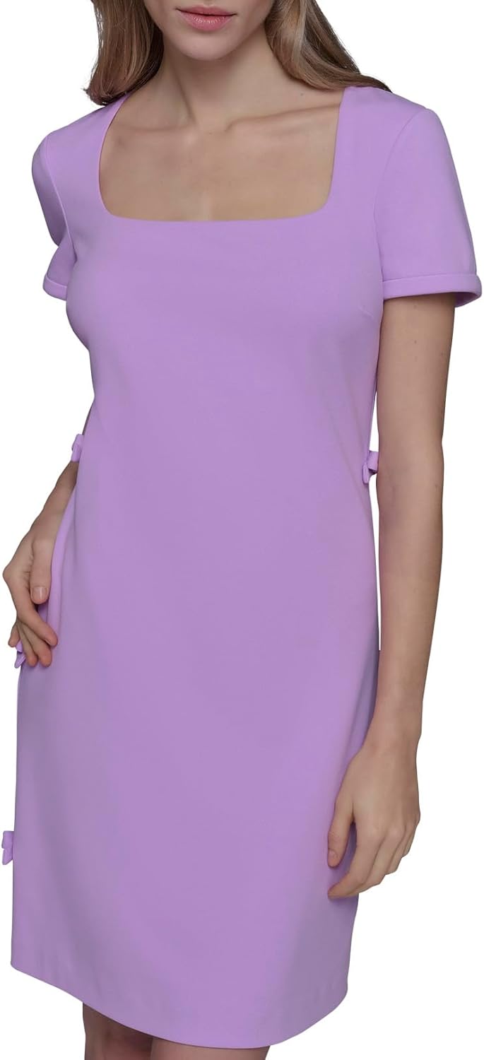 Karl Lagerfeld Womens Short Sleeve Square Neck Bow Embellished Shift Mini Dress
