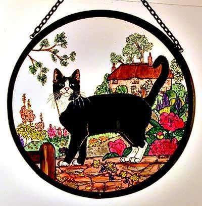 Winged Heart Decorative Hand Printed Stained Glass Window Sun Catcher/Roundel in a Cottage Garden Cat Design