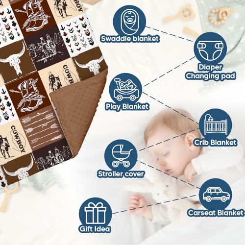Image of Western Baby Blanket, Cowboy Minky Blankets for Boys Girls, Nursery Room Decor, Soft Warm Lightweight Nursery Bed Blanket for Newborn Toddlers Son Daughter (08)
