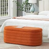 Ball & Cast Storage Bench, Upholstered Oval Ottoman, End of Bed Stool with Safety Hinge for Bedroom, Living Room, Entryway, Teddy Fabric, Orange