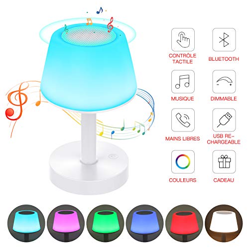 Lampe de Chevet LED Enceinte Bluetooth Portable, Lampe Nuit Tactile avec Couleur Changeante, Lampe de Table Rechargeable avec Lumière Blanche Chaude pour Chambre, Salle de Bébé et Salon Tikitaka