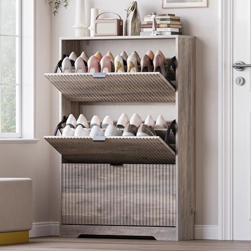 Image of BORNOON Entryway Shoe Cabinet with 3 Flip Drawers, Narrow Shoe Organizer Cabinet with Fluted Panel and Adjustable Shelves for Foyer, Hallway
