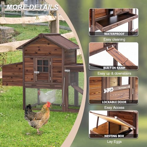 Large Wooden Chicken Coop, Chicken Coops Hen House, Poultry Pet Cage with Nesting Box, Run, Wire Fence and Ramp - Chicken Coop Run for 2-4 Chickens (80\")