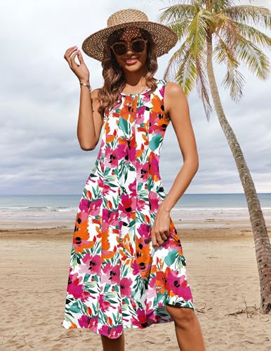 Image of HOTOUCH Summer Casual Dresses for Women Sleeveless Midi Dress Swing Tank Sundress Pleated Tshirt Dress with Pockets