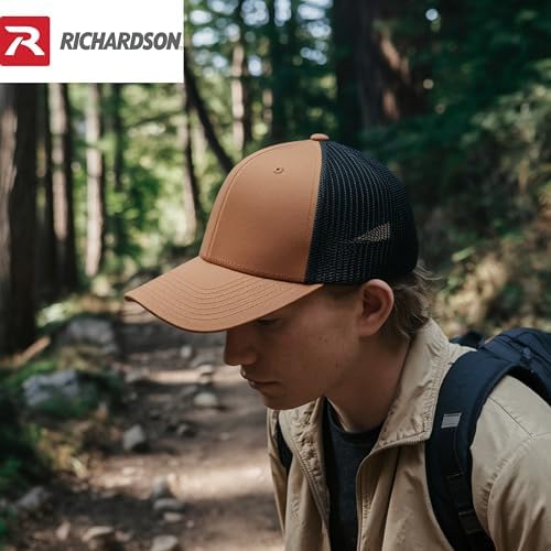 Richardson 112 Trucker Hat - Premium Snapback Baseball Cap - Carmel/Black - Adjustable Mesh Back, Structured Low Profile, Six-Panel Design, Breathable for Men & Women, Outdoor Sports and Casual Wear
