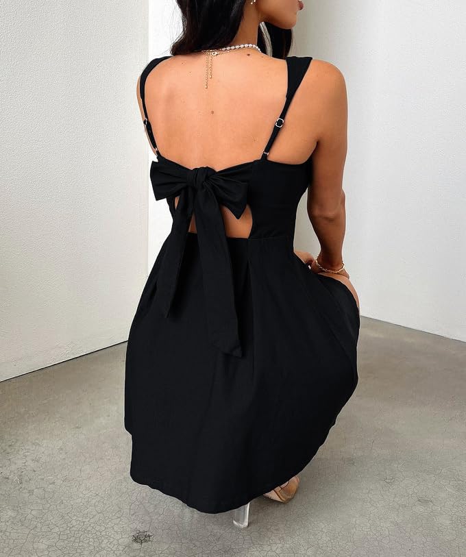 Image of Womens Summer Mini Dress Square Neck Sleeveless Going Out Dress Back Bow A-line HOCO Open Back Short Dress