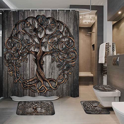 4 Pcs Tree Of Life Shower Curtain Set, Vintage Viking Nordic Rustic Tree Bathroom Sets With Shower Curtain And Rugs, Bath Curtain, Bath Mat, Toilet Lid Cover, U Shaped Rug, Hooks, Setlssd268 #TOP1