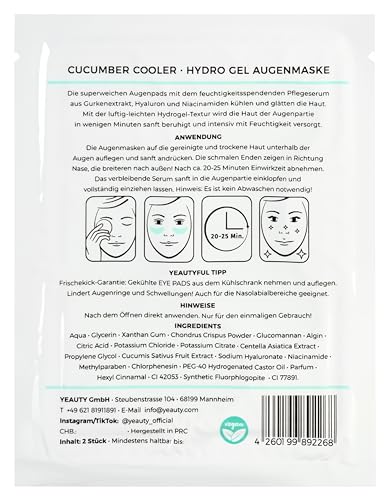 YEAUTY Cucumber Cooler Eye Pad Mask | Pflegeserum aus Gurkenextrakt, Hyaluron, Niacinamiden | kühlen und glätten die Haut | feuchtigkeitsspendend (Packung mit 5)
