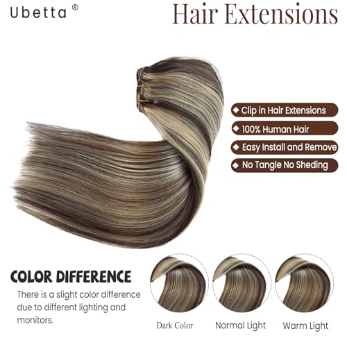 Image of Clip in Hair Extensions Real Human Hair, Chocolate Brown Balayage Blonde Highlights Hair Extensions Real Human Hair Clip ins 7pcs 70G 12 Inch Clip in Hair Extension Human Hair Clip in Extensions
