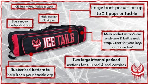Mermaid Gear ICE Fishing Rod Tackle Bag Ice Tails Ice Bag 36.5” X 8” X 6” Soft Sided Traveling Case Water Proof Multi Use Storage for ICE tungsten Jig Box Tip Up Gloves (RED) - Thumbnail 4